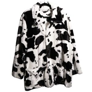 VTG Chicos Cow Print Faux Fur Jacket Coat Womens M L Buttons Pockets Collar‎ USA